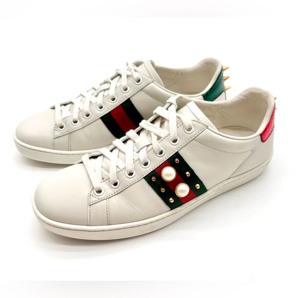 Gucci Ace Trainers Pearl Studded Web White Leather Low Top Sneakers EU 38 US 8 - Picture 4 of 13